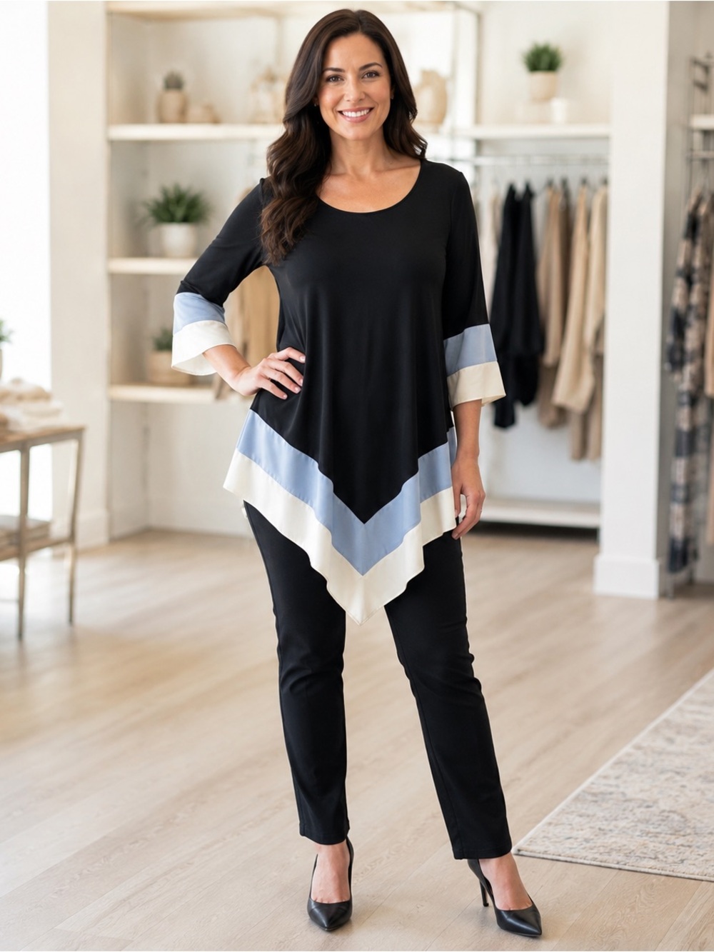 Alfani Black Tunic with Blue and Cream Chevron Accents